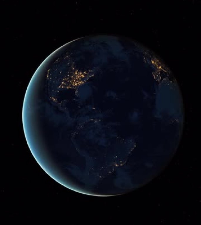 Planet Earth 3D轨道动画，夜间的Planet Earth