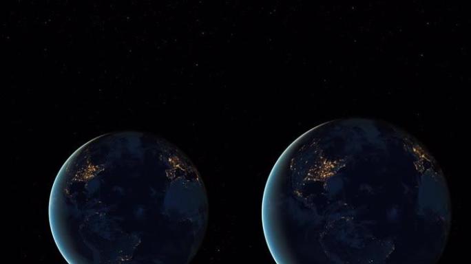 Planet Earth 3D轨道动画，夜间的Planet Earth