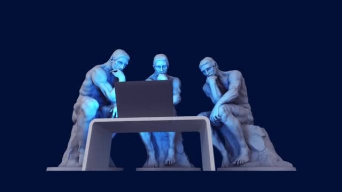 三个有电脑的思想家，其中一个头顶有一个发光的灯泡，作为一个新想法的象征。