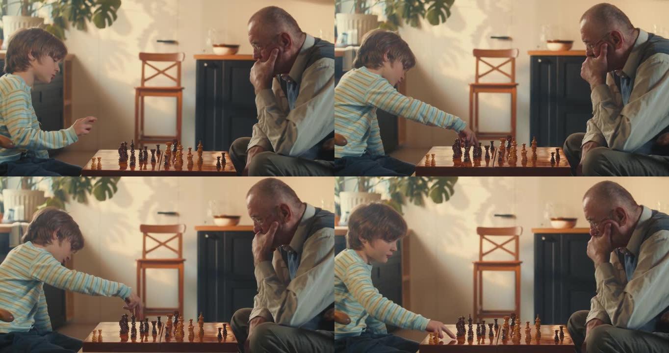 小天才。侧视图男孩孩子在光之家与老祖父下棋。发展智力概念。