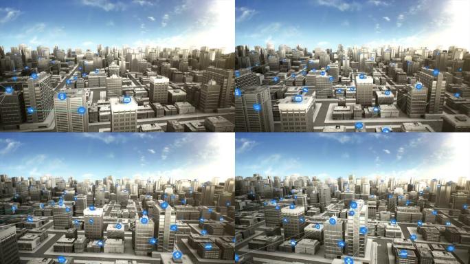 智慧城市上的各种智能传感器图标，连接物联网技术。白天。4k动画。