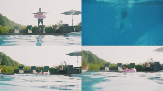 家庭暑假时，父亲带着充气戒指跳入游泳池的水下镜头