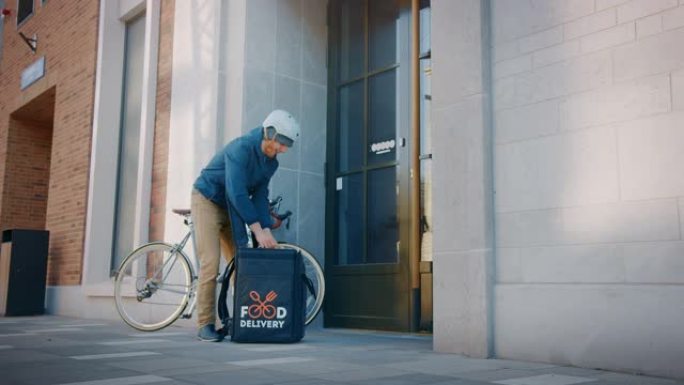 食品送货员穿着保暖背包骑自行车并提供餐厅订单，将其留在门下。概念: 无接触 (无接触) 交付社交距离
