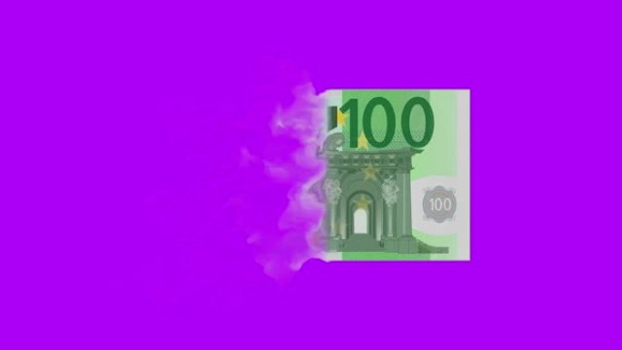 一百欧元钞票在孤立的屏幕上燃烧，色键动画，欧洲货币钞票消失。金融危机，灾难，损失，衰退，失败，金融，