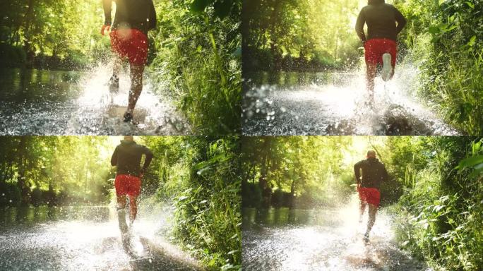 超级SLO MO Man在森林里的河边慢跑