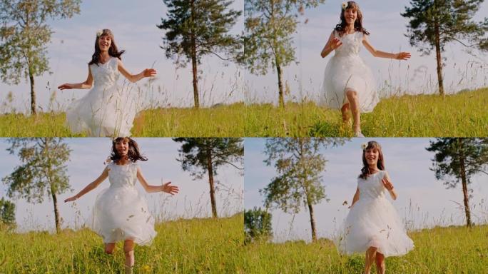 穿着白色连衣裙的超级SLO MO小女孩在高草丛中奔跑