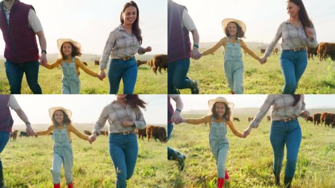 农场，快乐和奔跑的女孩，家庭和父母在一个有母牛的乡村田野里。妈妈，爸爸和孩子在农业，可持续发展和绿草