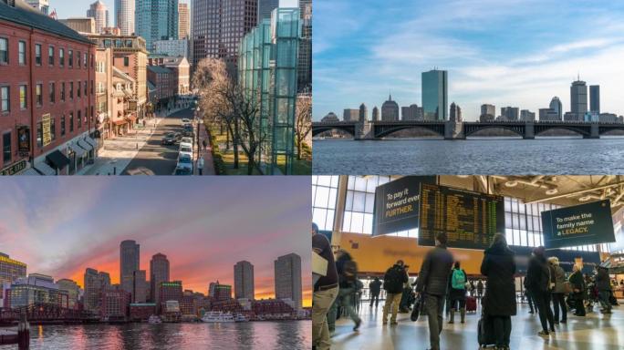 美国波士顿各种建筑、城市景观和历史名城的时间流逝，影像蒙太奇，商业和交通