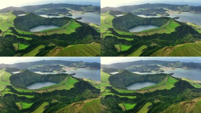 著名的Lagoa das Sete Cidades湖的鸟瞰图。被绿色植被包围的死火山火山口中的湖泊。