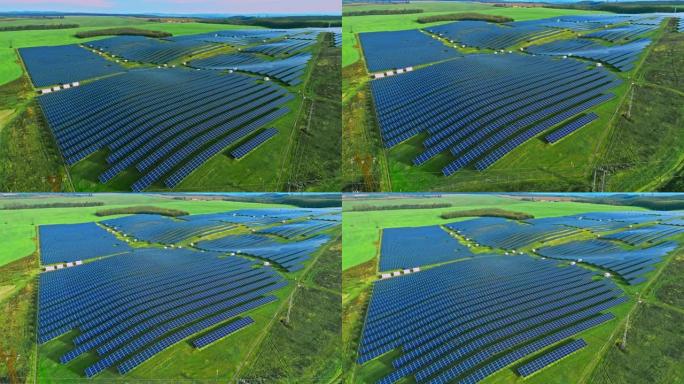 阳光充足的农村地区的无人机视角太阳能农场