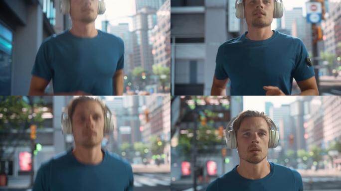 英俊的年轻人正在大城市中心的一条街上慢跑。男性穿着蓝色t恤跑步，戴着无线耳机，播放他最喜欢的音乐。早