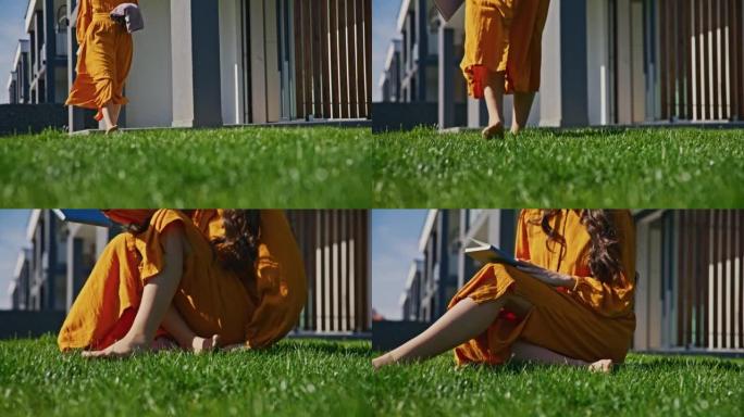 SLO MO少妇赤脚走在后院的草坪上看书
