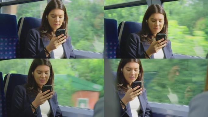 带无线耳塞的女商人通勤在火车上看手机