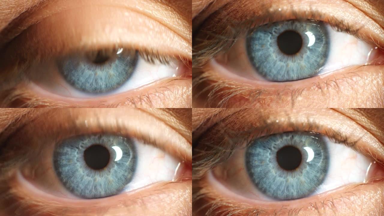 蓝眼睛，眨眼和虹膜在视觉，视力和人类视觉意识和光学聚焦。运动，验光和光学视图中健康瞳孔护理中宏眼睑开