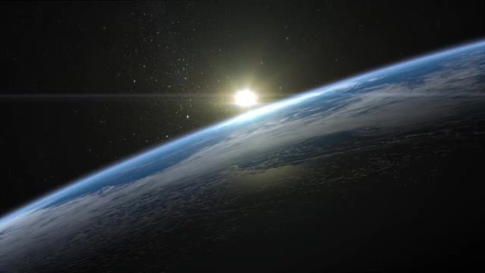地球上空的日落。从太空看。地球缓慢旋转。地平线在右边乱扔垃圾。体积云。星空。4K. 3d渲染。星星闪