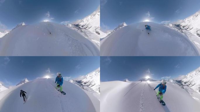 自拍照: 女性滑雪者向另一位骑手猫板喷洒新鲜粉末。