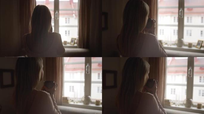 白日梦，靠窗喝茶背影人物喝水