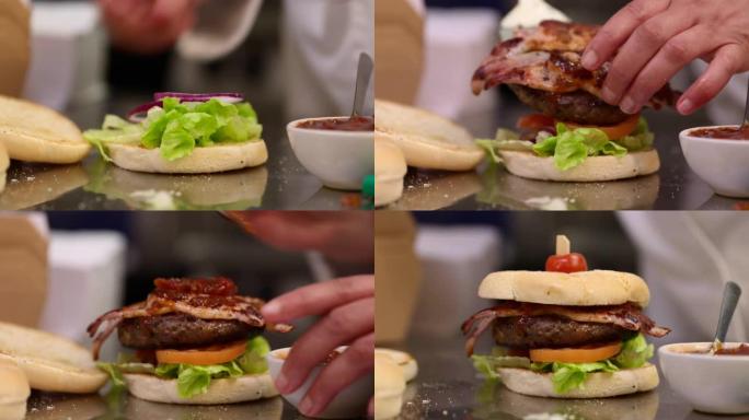 厨师的特色菜做汉堡特写视频素材