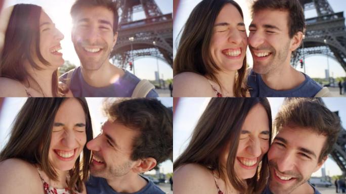 法国巴黎，一对年轻夫妇在埃菲尔铁塔前自拍的4k视频片段