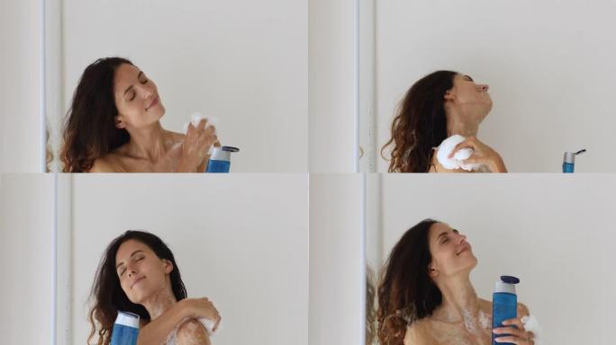 女人洗澡时使用有香味的沐浴露和海绵