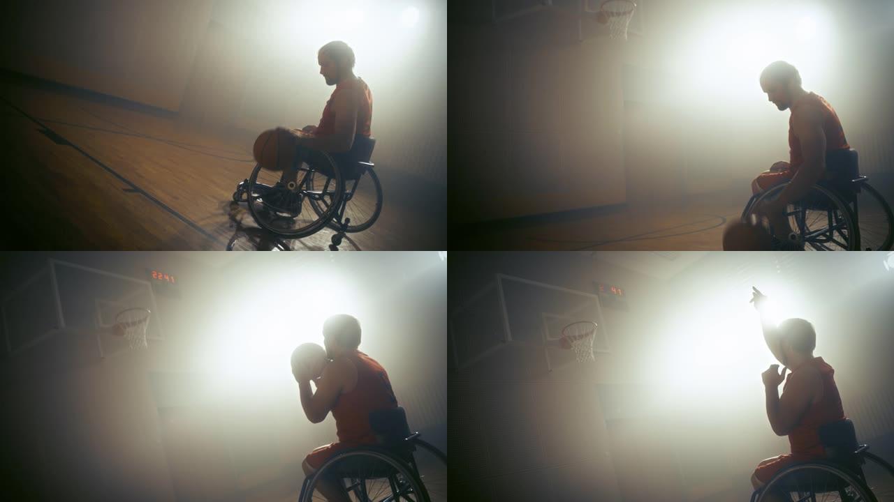 轮椅篮球运动员投篮失球，但一次又一次地尝试。决心，对残疾人的启发。慢动作，旋转荷兰角，暖色