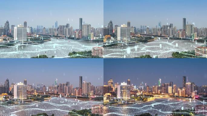 T/L HA广州天际线从黄昏到夜晚的延时和技术大数据概念。中国广州