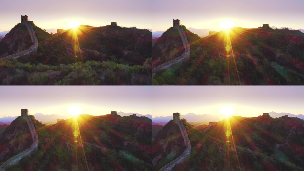 空中，日落的中国长城