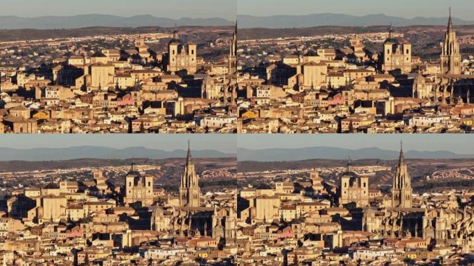 西班牙托莱多的空中远程拍摄。托莱多房屋和大教堂的早晨照片