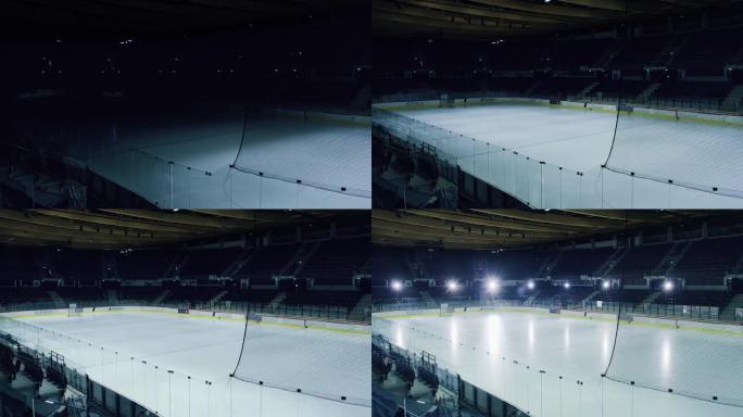 空荡荡的专业冰球场开灯。大体育场准备开始锦标赛。高品质的场地，随时可以容纳成千上万的球迷享受比赛。建