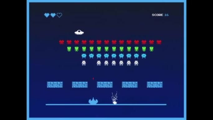 8位视频游戏模拟播放概念: 复古80年代2D控制台太空射击街机的游戏，飞船击落外星人和不明飞行物老板