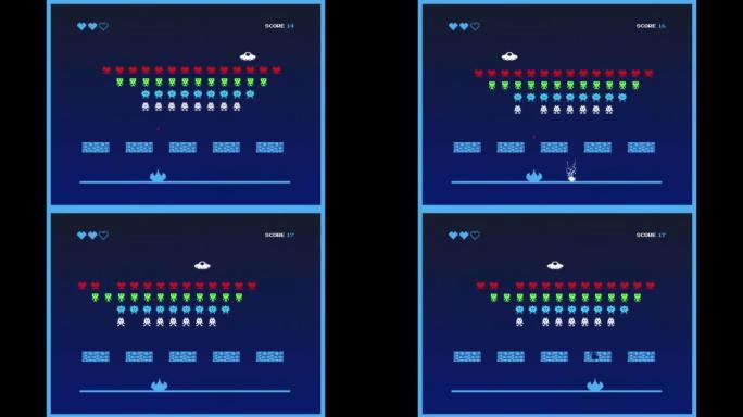 8位视频游戏模拟播放概念: 复古80年代2D控制台太空射击街机的游戏，飞船击落外星人和不明飞行物老板