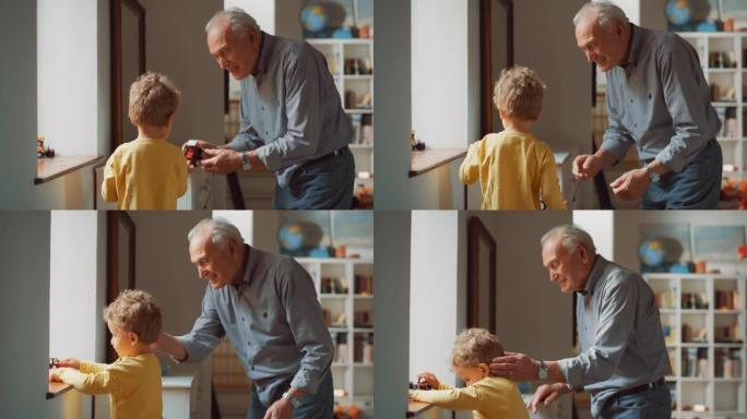 家里一个老人的肖像给他的孙子一辆卡车，这样他就可以玩了。关心和深情的祖父照顾一个可爱的小男孩，并给他