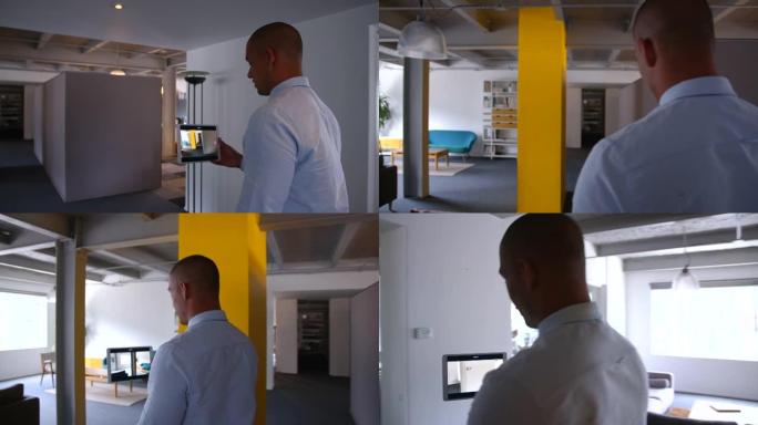 房地产经纪人用平板电脑录制了一个漂亮的现代办公室的视频