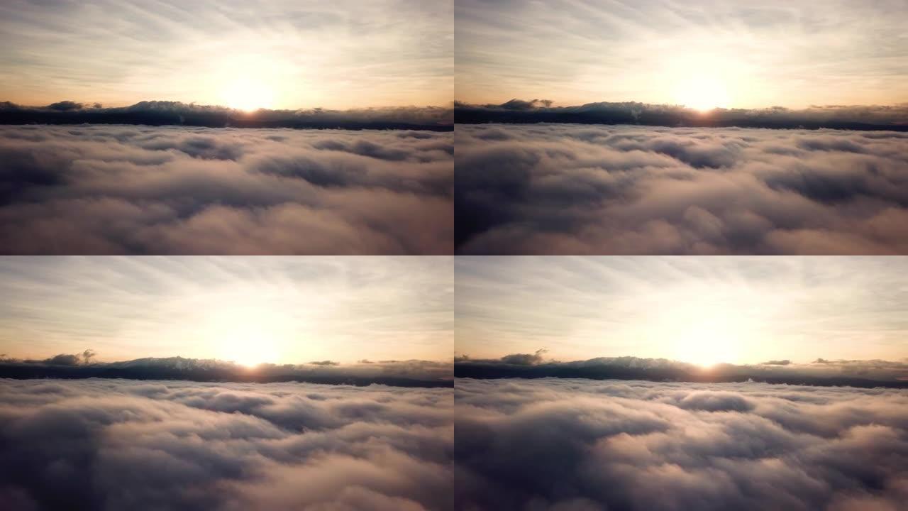 超后延时运动在日出天空的云层上方进行空中拍摄