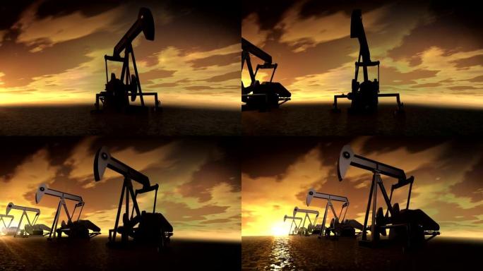 石油工业泵。石油驴在日落时生产石油