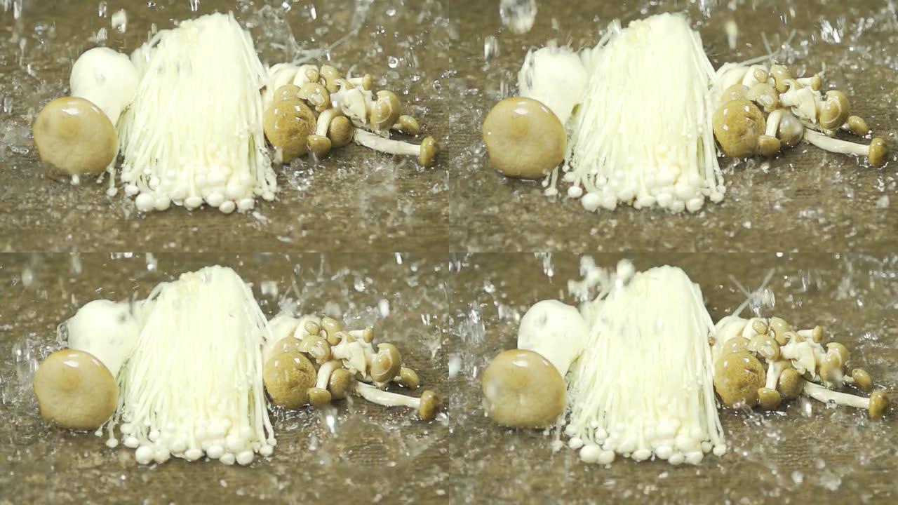 冲洗有机蘑菇：高清慢动作