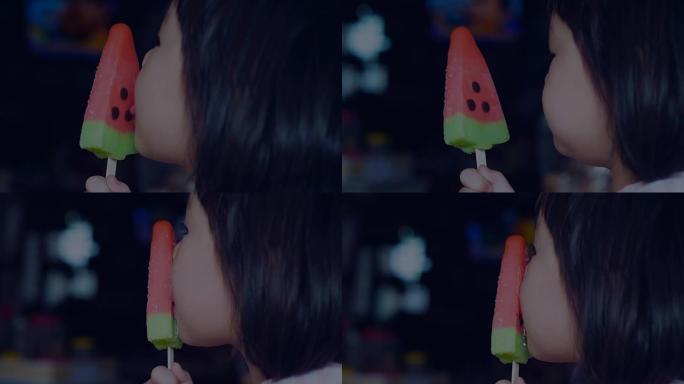 甜食特写小女孩吃西瓜冰淇淋