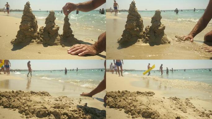 手里拿着沙子。