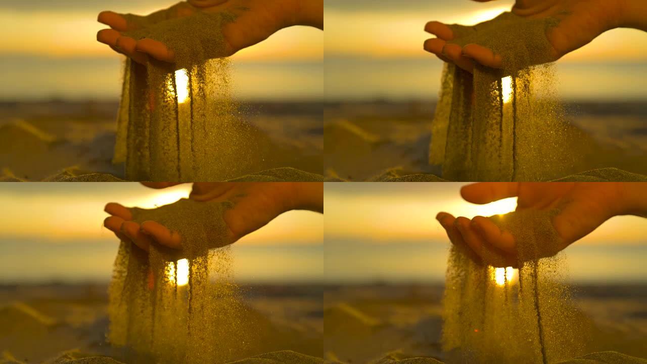 慢动作，反转: 小颗粒干燥的沙子落在女性手指之间。