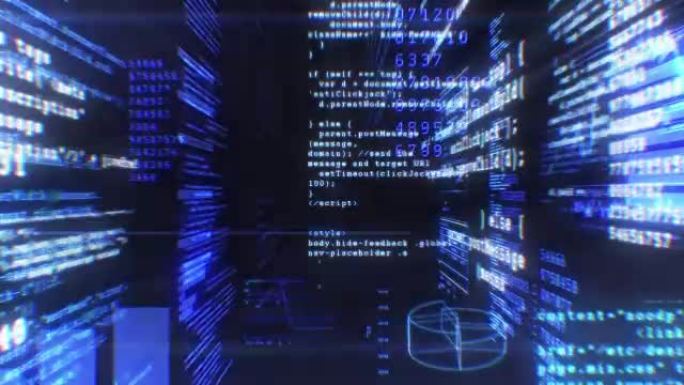 网络空间中的程序代码。循环3d动画。蓝色。商业和技术概念。