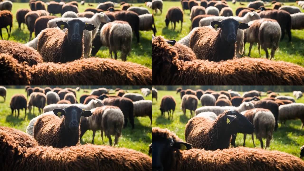 绵羊从草地上放牧的羊群中脱颖而出