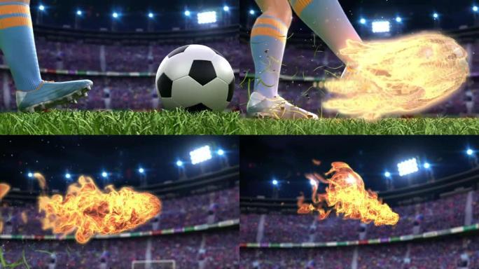 用燃烧的足球慢动作射门