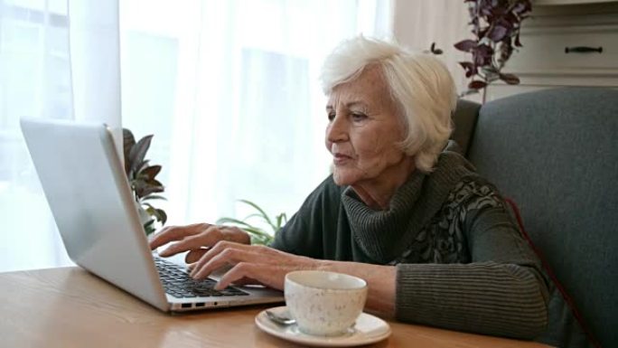咖啡馆里的老妇人在笔记本电脑上打字