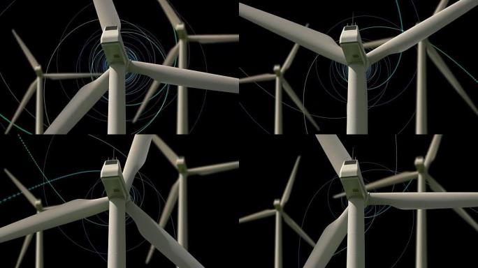 带有计算机动画背景的旋转风力涡轮机