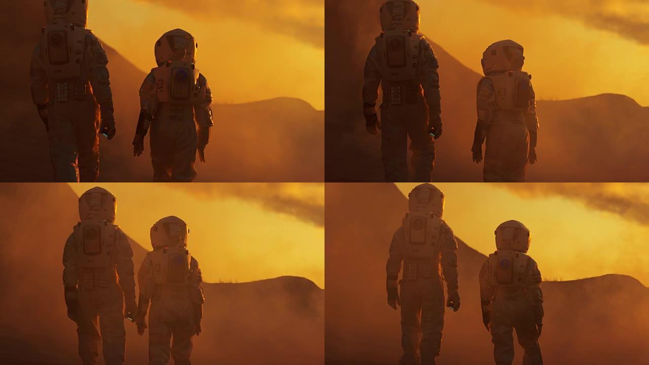 两名宇航员穿着宇航服漫步探索火星/红色星球的后视图。太空旅行，探索和殖民概念。