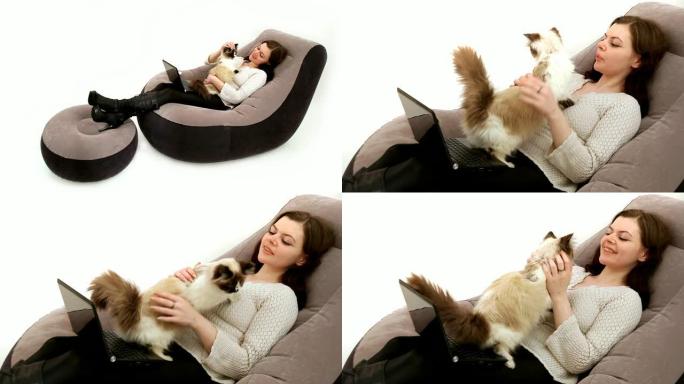 一个拿着笔记本电脑的女人抚摸坐在扶手椅上的猫