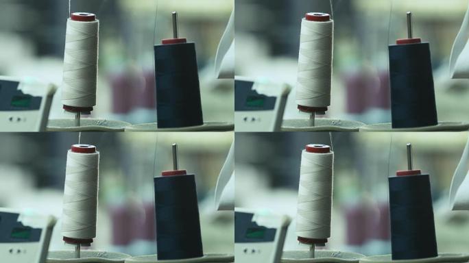 缝纫机用棉线的特写镜头。