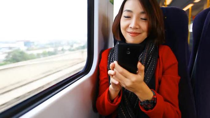 高清：亚洲美女在火车上拍照。