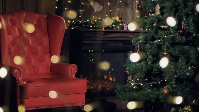 圣诞室内壁炉。圣诞树附近的圣诞老人椅子。4K。
