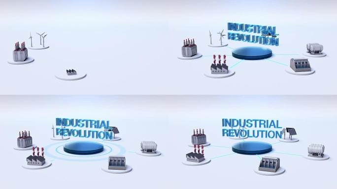 智能工厂，太阳能电池板，风力发电机，水力发电连接物联网。'工业革命'